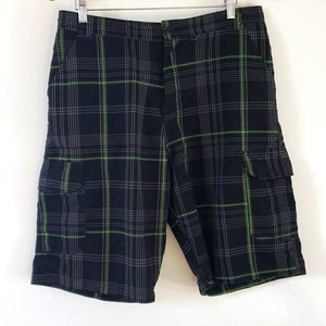 Blue Gear Bg Mens Black Plaid fluorescent green Cargo Shorts, Size 36